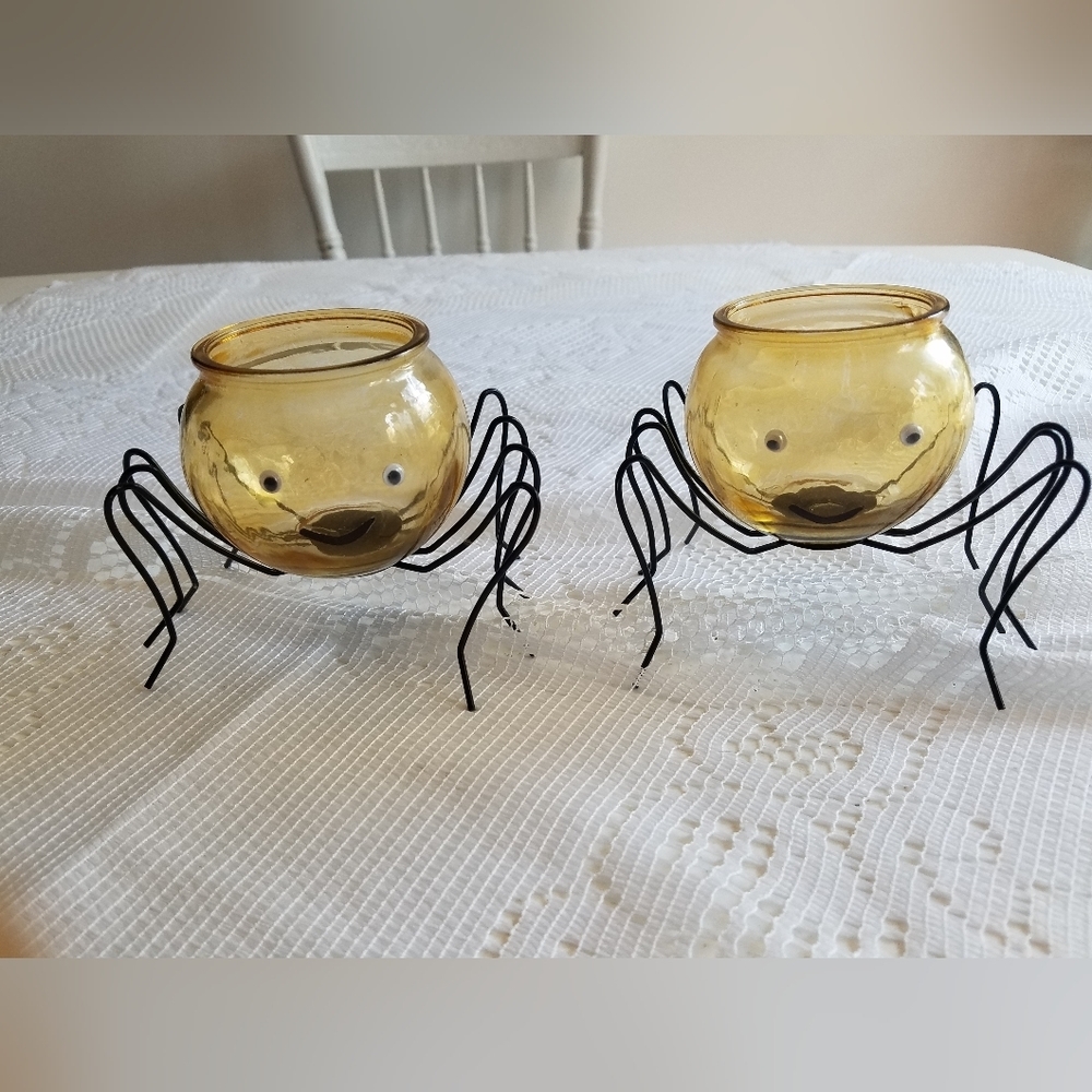 Set of 2 Halloween Spider Candle Holders Planters  Decor